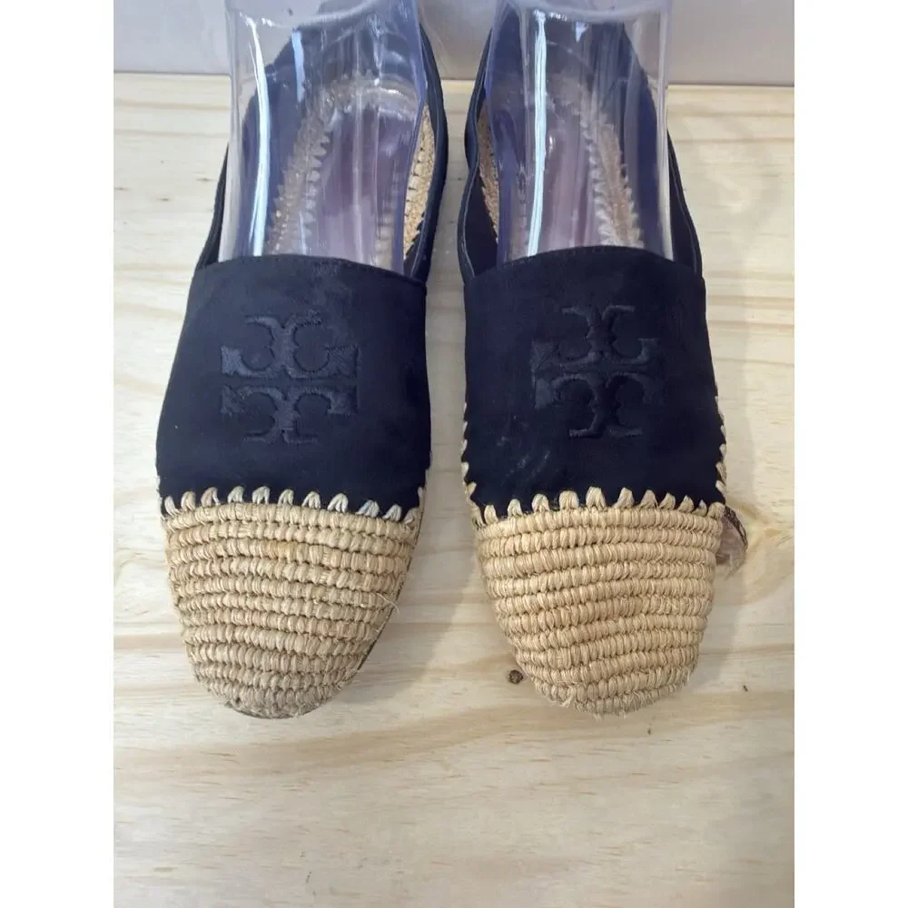 Tory Burch Arianne Espadrilles Black Suede Raffia Logo Flats Women's Size 8M